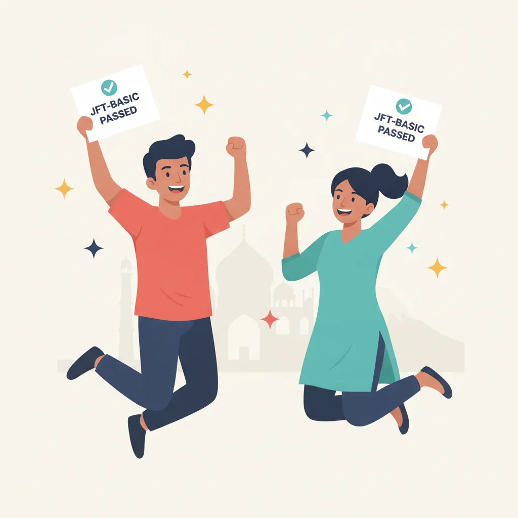 Rahul and Priya celebrating passing the Japanese exam