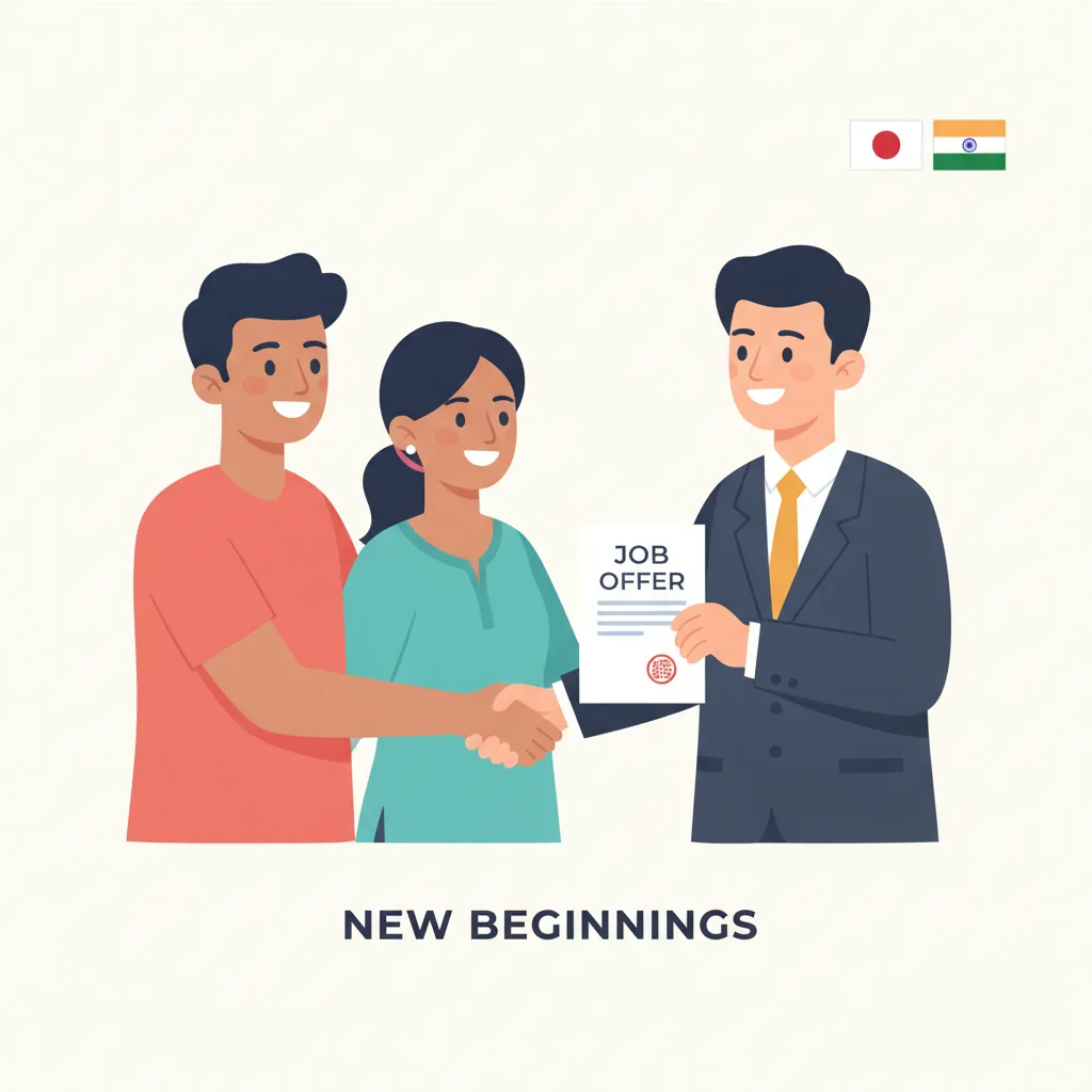Rahul and Priya receiving a job offer from a Japanese employer